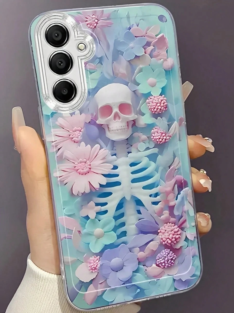 Pink, Blue, And Purple Floral Skulls Phone Case Suitable For Compatible With IPhone 17,16, 15, 14, 13, 12, 11, Pro Max,Air, Plus,As Well As Galaxy S25/24/23/22/21 Ultra/FE/Edge/+,A73/72/54/53/52/50/35