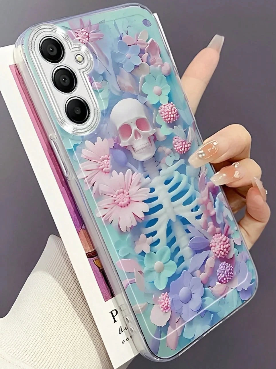 Pink, Blue, And Purple Floral Skulls Phone Case Suitable For Compatible With IPhone 17,16, 15, 14, 13, 12, 11, Pro Max,Air, Plus,As Well As Galaxy S25/24/23/22/21 Ultra/FE/Edge/+,A73/72/54/53/52/50/35