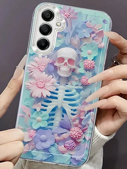 Pink, Blue, And Purple Floral Skulls Phone Case Suitable For Compatible With IPhone 17,16, 15, 14, 13, 12, 11, Pro Max,Air, Plus,As Well As Galaxy S25/24/23/22/21 Ultra/FE/Edge/+,A73/72/54/53/52/50/35