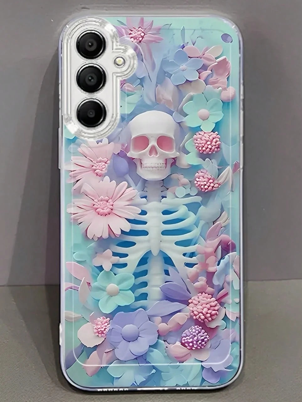 Pink, Blue, And Purple Floral Skulls Phone Case Suitable For Compatible With IPhone 17,16, 15, 14, 13, 12, 11, Pro Max,Air, Plus,As Well As Galaxy S25/24/23/22/21 Ultra/FE/Edge/+,A73/72/54/53/52/50/35
