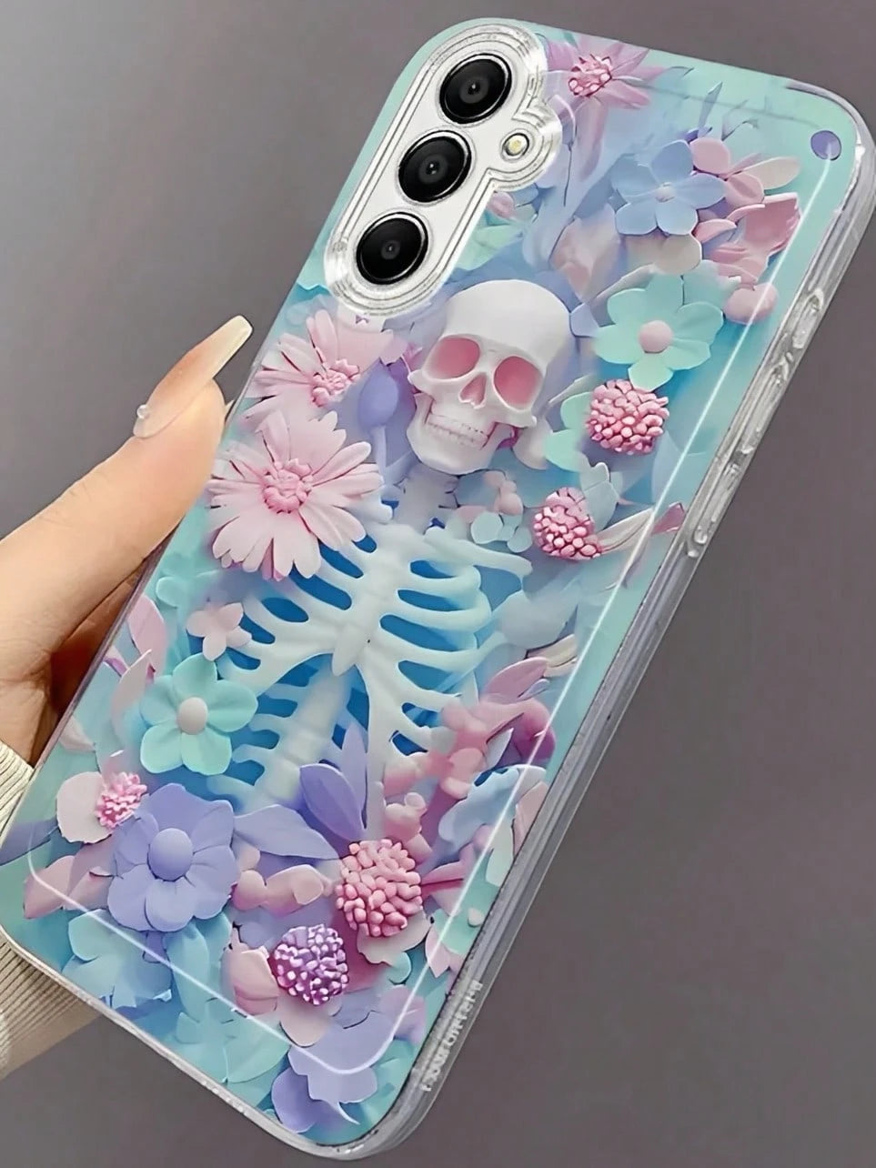 Pink, Blue, And Purple Floral Skulls Phone Case Suitable For Compatible With IPhone 17,16, 15, 14, 13, 12, 11, Pro Max,Air, Plus,As Well As Galaxy S25/24/23/22/21 Ultra/FE/Edge/+,A73/72/54/53/52/50/35