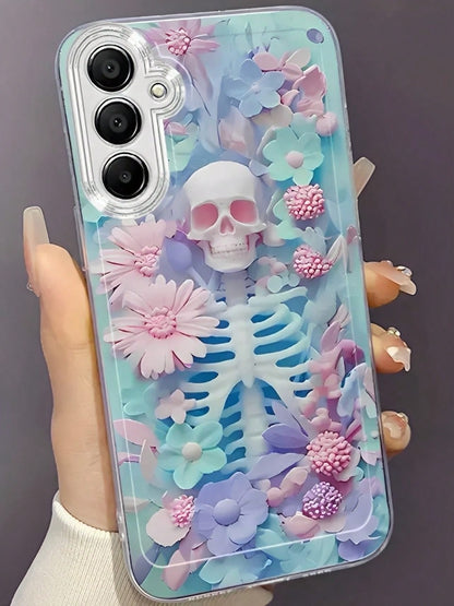 Pink, Blue, And Purple Floral Skulls Phone Case Suitable For Compatible With IPhone 17,16, 15, 14, 13, 12, 11, Pro Max,Air, Plus,As Well As Galaxy S25/24/23/22/21 Ultra/FE/Edge/+,A73/72/54/53/52/50/35