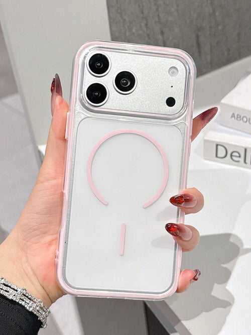 Pink Magnetic Luxury Cute Transpart Shockproof Silicone Magnetic Silicone Phone Premium Case Magnetic Wireless Charging Colorblock Transpart Shockproof Soft Silicone 1pc High-Quality Phone Case Compat