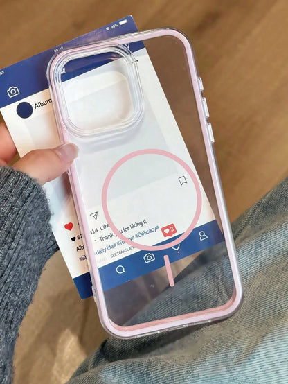 Pink Magnetic Luxury Cute Transpart Shockproof Silicone Magnetic Silicone Phone Premium Case Magnetic Wireless Charging Colorblock Transpart Shockproof Soft Silicone 1pc High-Quality Phone Case Compat