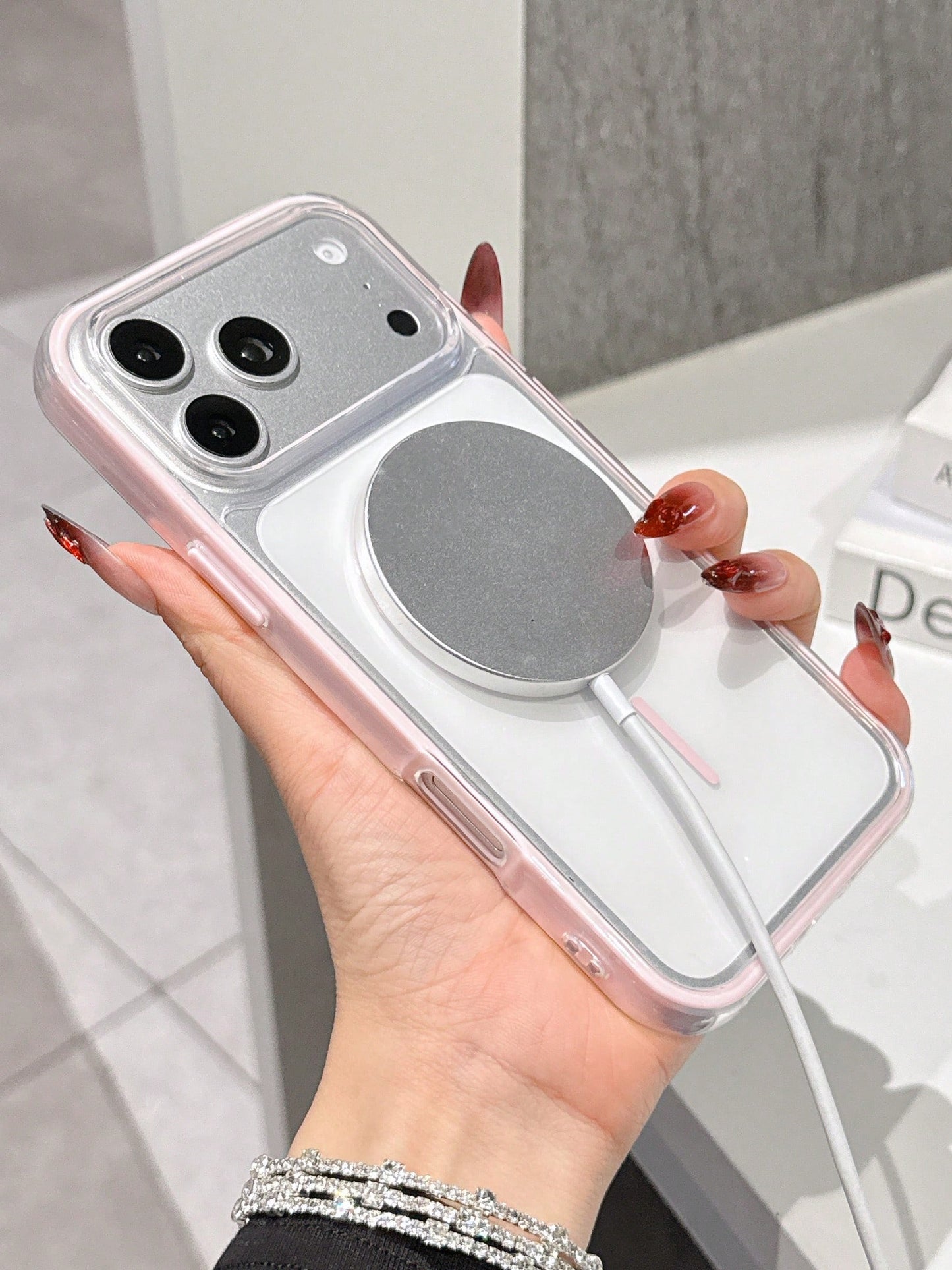 Pink Magnetic Luxury Cute Transpart Shockproof Silicone Magnetic Silicone Phone Premium Case Magnetic Wireless Charging Colorblock Transpart Shockproof Soft Silicone 1pc High-Quality Phone Case Compat