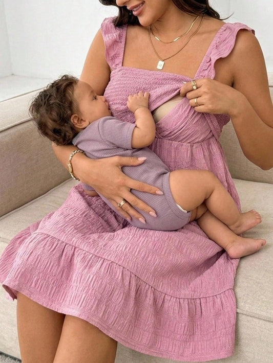 Pink Textured Fabric, Double-Layered Nursing Dress, Casual Nursing Style.,Women's Solid Color Minimalist Nursing Dress For Daily Wear Baby Shower