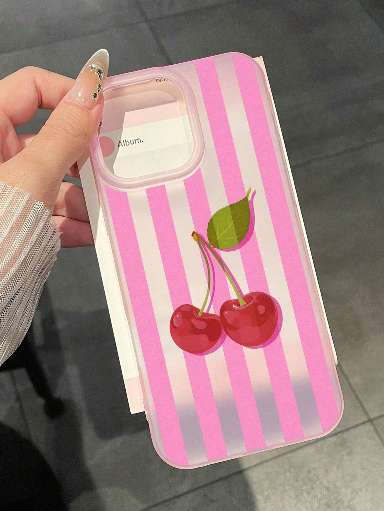 Pink & White Striped Cherry Print Matte Anti-Drop Phone Case, Sweet Style, Compatible With Apple 17/17 Pro/17 Pro Max/16/16 Pro/16 Plus/16 Pro Max/15/15 Pro/15 Plus/14/14 Pro/14 Pro Max/13/13 Pro/13 P