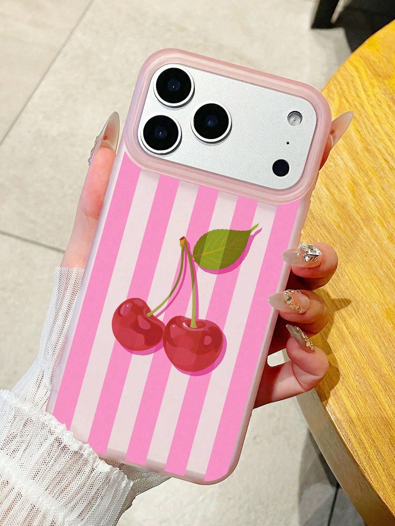 Pink & White Striped Cherry Print Matte Anti-Drop Phone Case, Sweet Style, Compatible With Apple 17/17 Pro/17 Pro Max/16/16 Pro/16 Plus/16 Pro Max/15/15 Pro/15 Plus/14/14 Pro/14 Pro Max/13/13 Pro/13 P