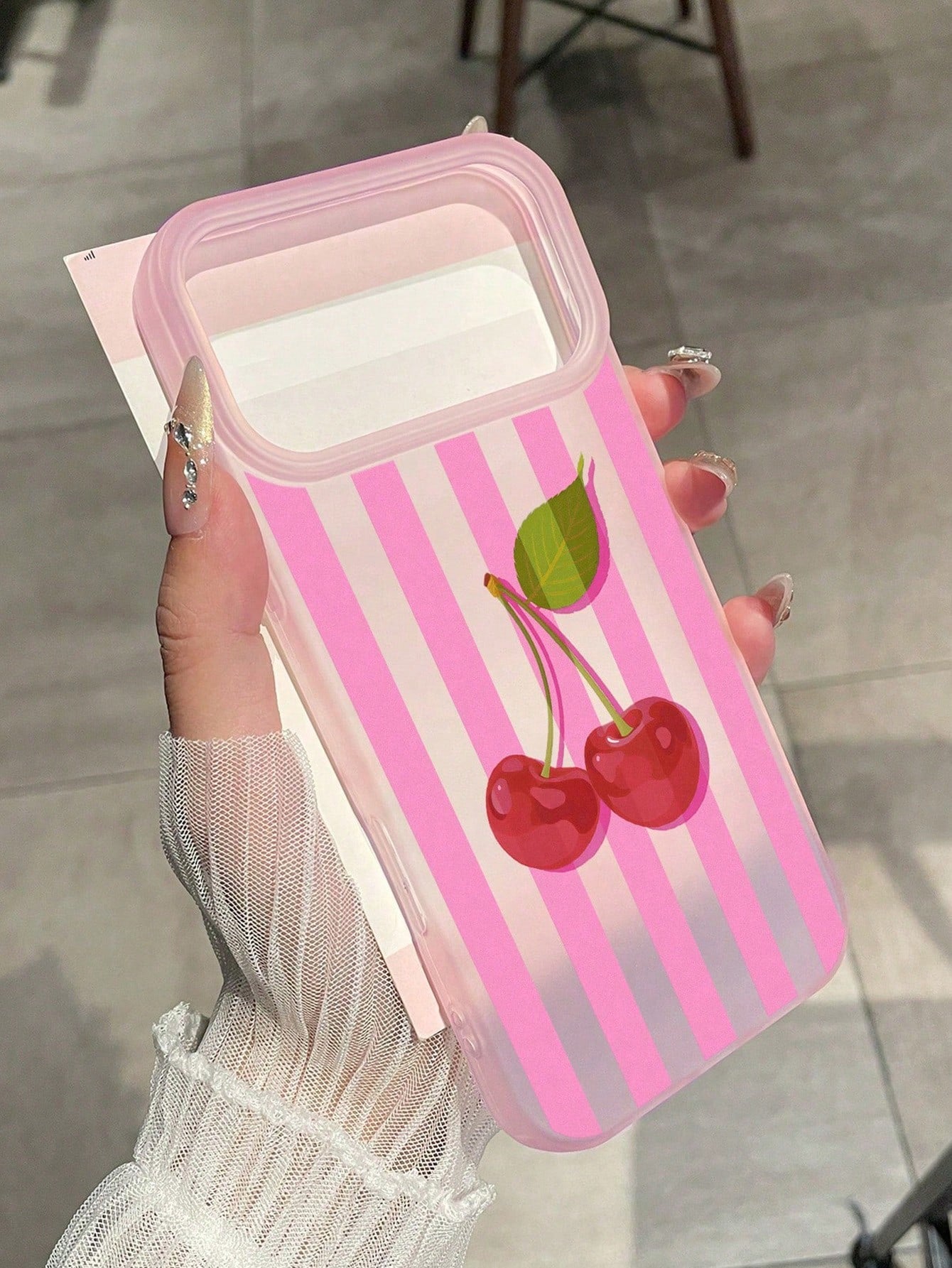 Pink & White Striped Cherry Print Matte Anti-Drop Phone Case, Sweet Style, Compatible With Apple 17/17 Pro/17 Pro Max/16/16 Pro/16 Plus/16 Pro Max/15/15 Pro/15 Plus/14/14 Pro/14 Pro Max/13/13 Pro/13 P