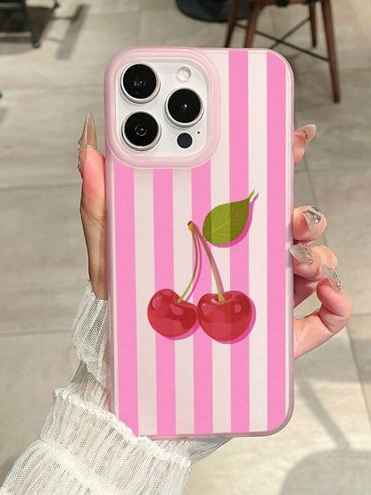 Pink & White Striped Cherry Print Matte Anti-Drop Phone Case, Sweet Style, Compatible With Apple 17/17 Pro/17 Pro Max/16/16 Pro/16 Plus/16 Pro Max/15/15 Pro/15 Plus/14/14 Pro/14 Pro Max/13/13 Pro/13 P