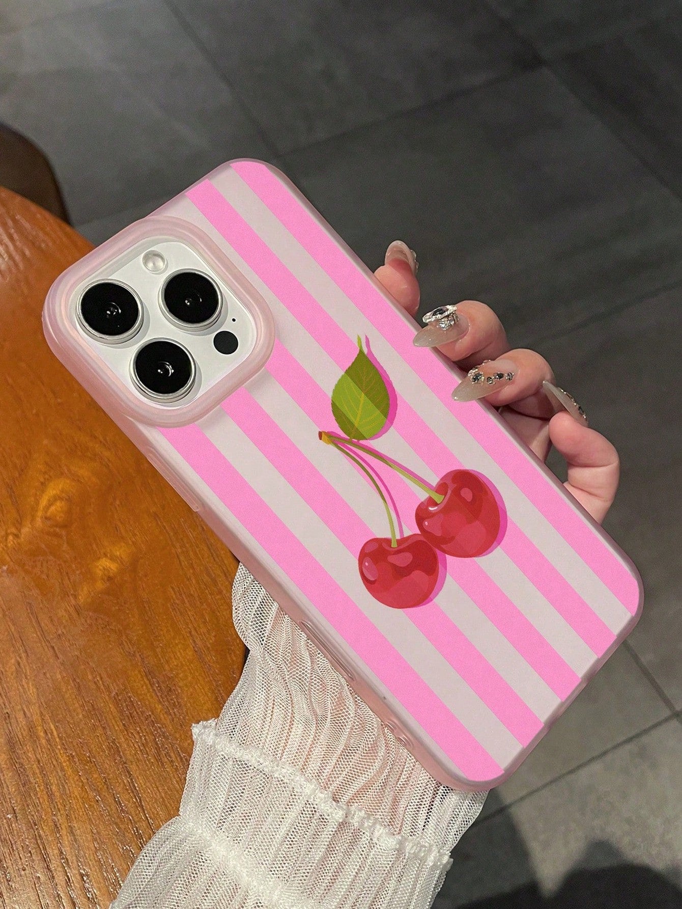Pink & White Striped Cherry Print Matte Anti-Drop Phone Case, Sweet Style, Compatible With Apple 17/17 Pro/17 Pro Max/16/16 Pro/16 Plus/16 Pro Max/15/15 Pro/15 Plus/14/14 Pro/14 Pro Max/13/13 Pro/13 P