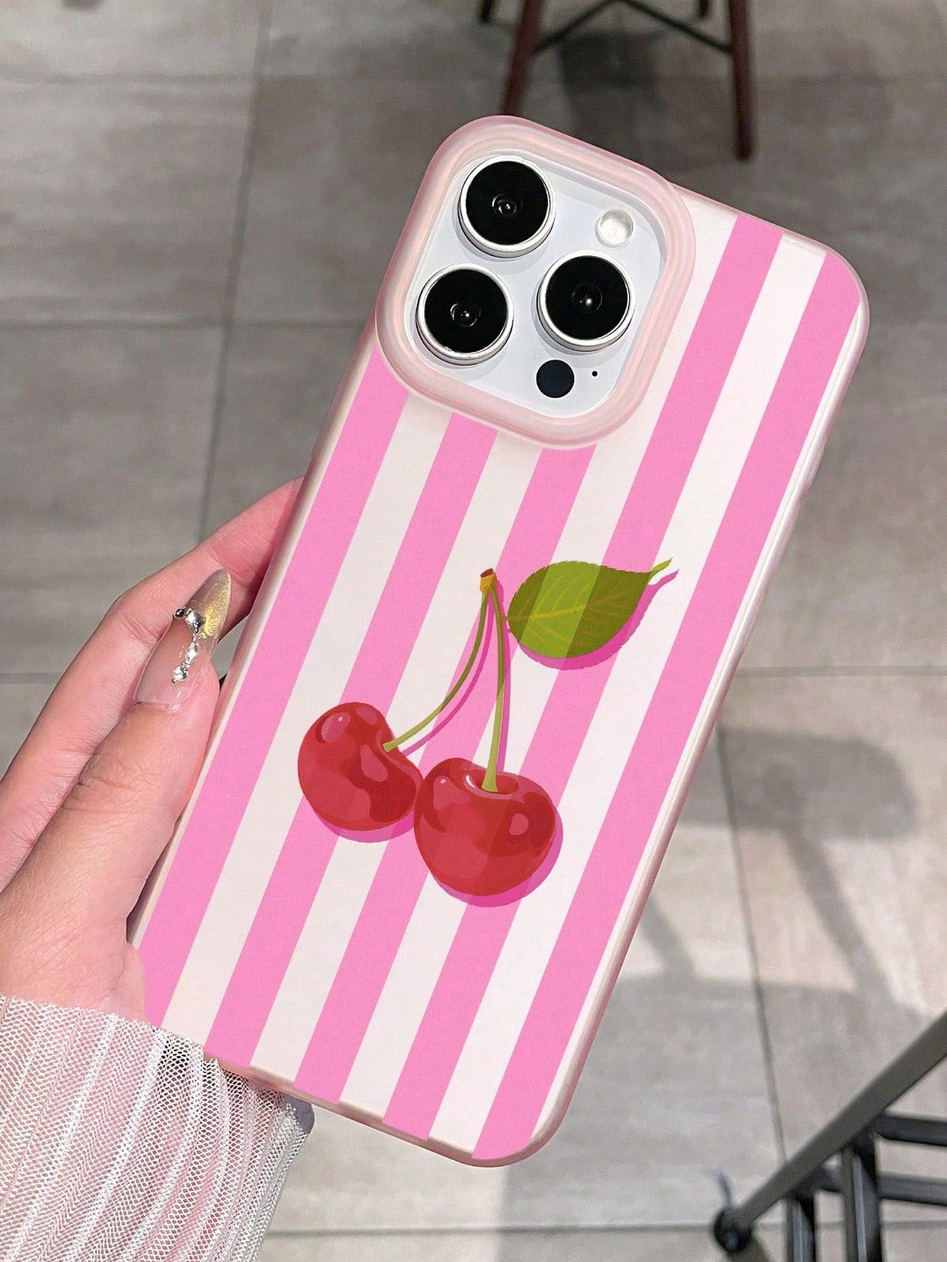 Pink & White Striped Cherry Print Matte Anti-Drop Phone Case, Sweet Style, Compatible With Apple 17/17 Pro/17 Pro Max/16/16 Pro/16 Plus/16 Pro Max/15/15 Pro/15 Plus/14/14 Pro/14 Pro Max/13/13 Pro/13 P