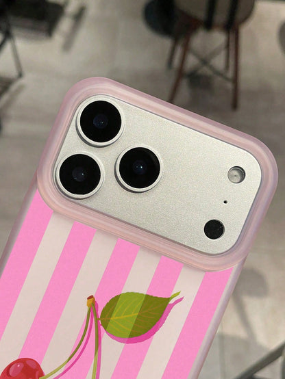 Pink & White Striped Cherry Print Matte Anti-Drop Phone Case, Sweet Style, Compatible With Apple 17/17 Pro/17 Pro Max/16/16 Pro/16 Plus/16 Pro Max/15/15 Pro/15 Plus/14/14 Pro/14 Pro Max/13/13 Pro/13 P