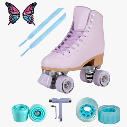 Purple roller skates with accessories on a white background