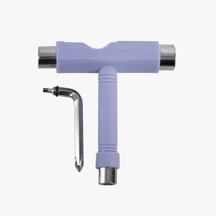 Purple T-shaped tool with a metallic tip on a white background