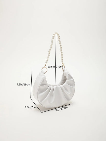 Plain Faux Pearl Chain Shoulder Bag For Women With Wrinkled Cloud Shape Handbags, Faux Pearl Bag, White Bag,Beach Bag