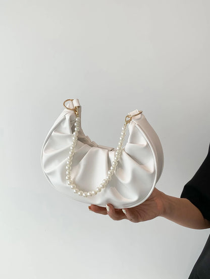 Plain Faux Pearl Chain Shoulder Bag For Women With Wrinkled Cloud Shape Handbags, Faux Pearl Bag, White Bag,Beach Bag
