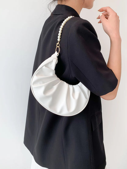 Plain Faux Pearl Chain Shoulder Bag For Women With Wrinkled Cloud Shape Handbags, Faux Pearl Bag, White Bag,Beach Bag