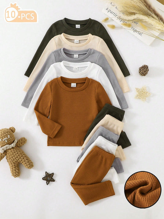 Playful Pals 10pcs/Set Baby Boys' Solid Color Casual Tops And Pants Outfits Spring Autumn Boy Long Sleeve Set