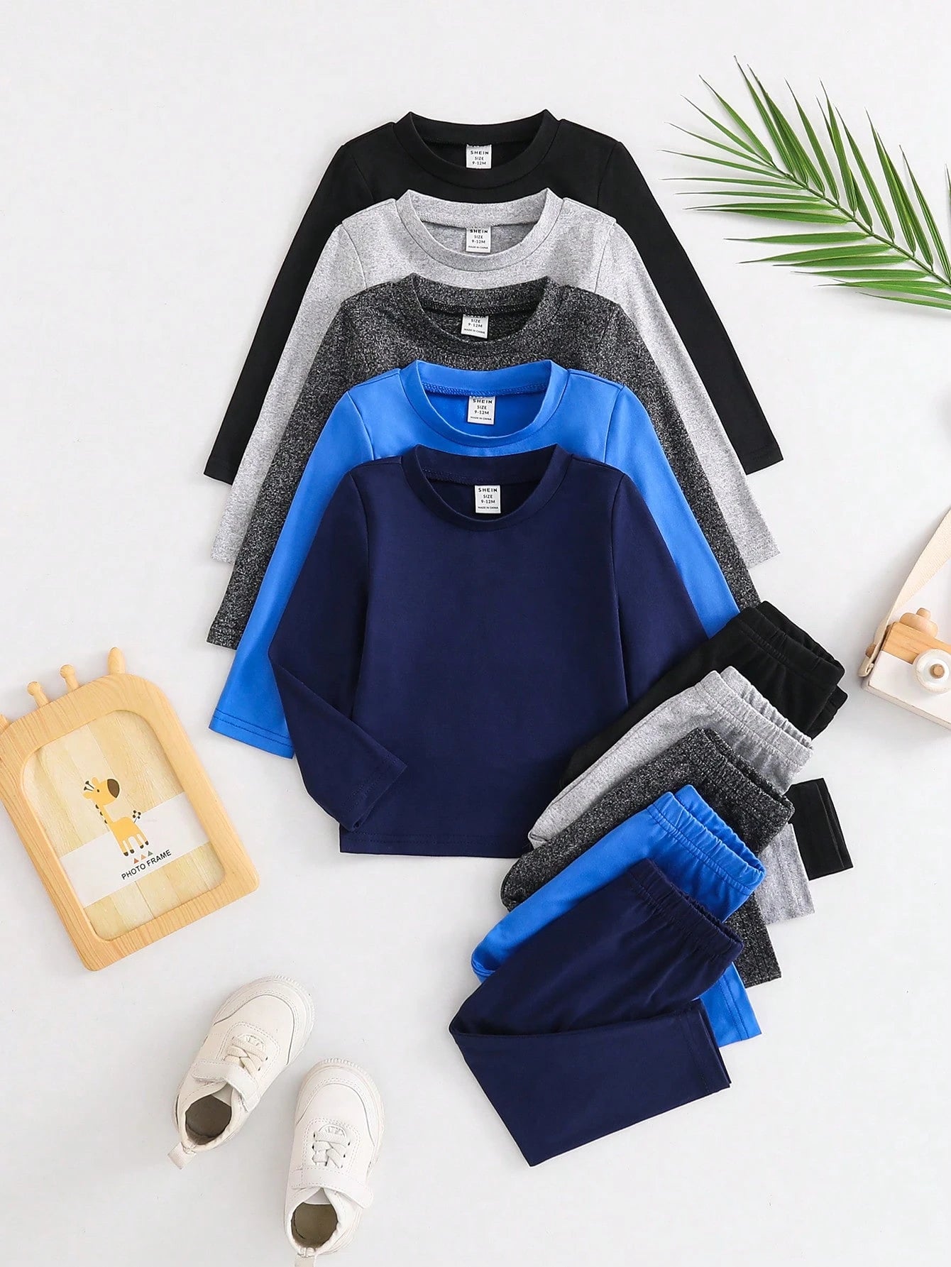 Playful Pals 10pcs/Set Baby Boys' Solid Color Casual Tops And Pants Outfits Spring Autumn Boy Long Sleeve Set