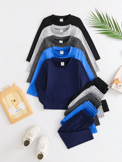 Playful Pals 10pcs/Set Baby Boys' Solid Color Casual Tops And Pants Outfits Spring Autumn Boy Long Sleeve Set