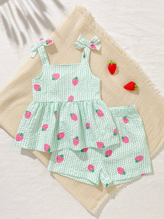 Playful Pals 2pcs Baby Girl Toddler/Newborn 0-3Y Casual Everyday Cute Vacation Striped Bow Decor Camisole Top + Shorts Set, Spring/Summer
