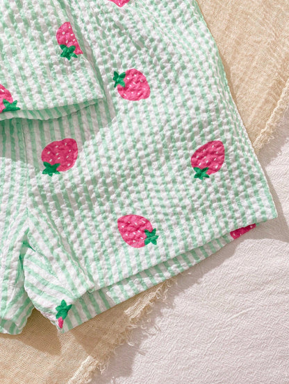 Playful Pals 2pcs Baby Girl Toddler/Newborn 0-3Y Casual Everyday Cute Vacation Striped Bow Decor Camisole Top + Shorts Set, Spring/Summer