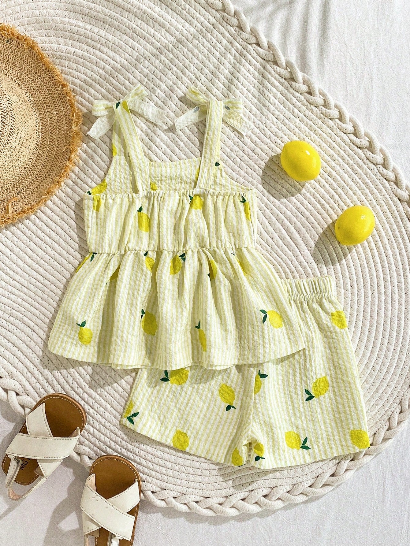 Playful Pals 2pcs Baby Girl Toddler/Newborn 0-3Y Casual Everyday Cute Vacation Striped Bow Decor Camisole Top + Shorts Set, Spring/Summer