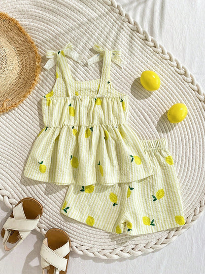 Playful Pals 2pcs Baby Girl Toddler/Newborn 0-3Y Casual Everyday Cute Vacation Striped Bow Decor Camisole Top + Shorts Set, Spring/Summer