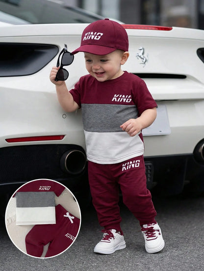 Playful Pals 2pcs/Set Baby Boy Burgundy Autumn Casual Outfit Color Block Letter Print Short Sleeve T-Shirt&Elastic Waist Pants City Break Fashion Kids Clothes