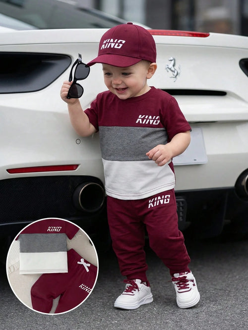 Playful Pals 2pcs/Set Baby Boy Burgundy Autumn Casual Outfit Color Block Letter Print Short Sleeve T-Shirt&Elastic Waist Pants City Break Fashion Kids Clothes