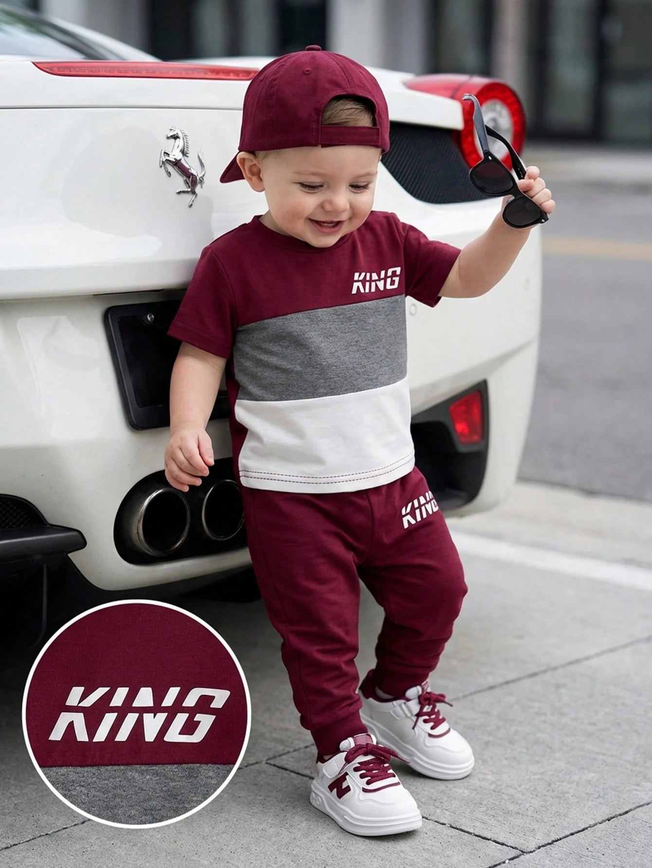 Playful Pals 2pcs/Set Baby Boy Burgundy Autumn Casual Outfit Color Block Letter Print Short Sleeve T-Shirt&Elastic Waist Pants City Break Fashion Kids Clothes