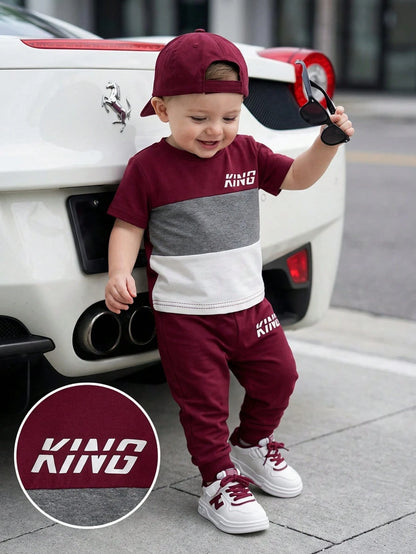 Playful Pals 2pcs/Set Baby Boy Burgundy Autumn Casual Outfit Color Block Letter Print Short Sleeve T-Shirt&Elastic Waist Pants City Break Fashion Kids Clothes
