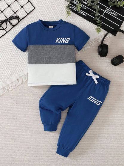 Playful Pals 2pcs/Set Baby Boy Burgundy Autumn Casual Outfit Color Block Letter Print Short Sleeve T-Shirt&Elastic Waist Pants City Break Fashion Kids Clothes