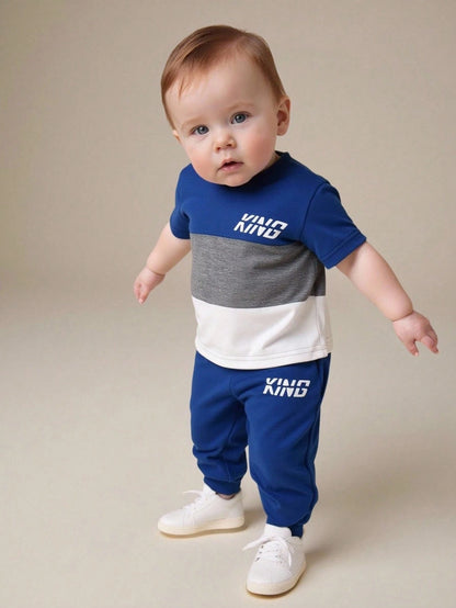 Playful Pals 2pcs/Set Baby Boy Burgundy Autumn Casual Outfit Color Block Letter Print Short Sleeve T-Shirt&Elastic Waist Pants City Break Fashion Kids Clothes