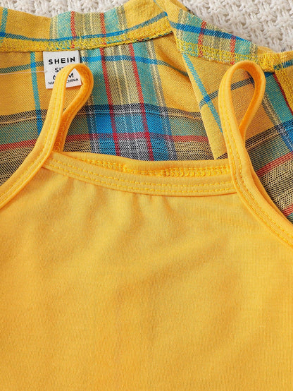 Playful Pals 3pcs/Set Baby Girls' Fashion Casual Outfit- Plaid Long Sleeve Shirt, Cropped Camisole, Bell-Bottom Jeans Fall Winter