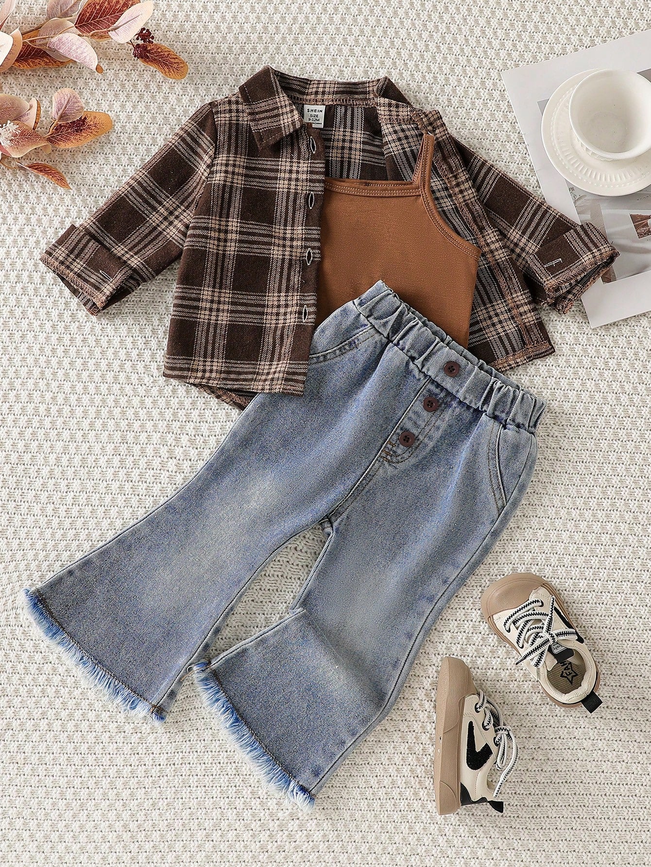Playful Pals 3pcs/Set Baby Girls' Fashion Casual Outfit- Plaid Long Sleeve Shirt, Cropped Camisole, Bell-Bottom Jeans Fall Winter