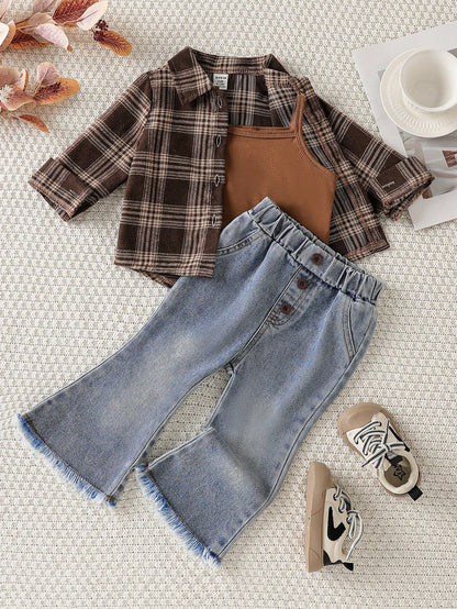Playful Pals 3pcs/Set Baby Girls' Fashion Casual Outfit- Plaid Long Sleeve Shirt, Cropped Camisole, Bell-Bottom Jeans Fall Winter