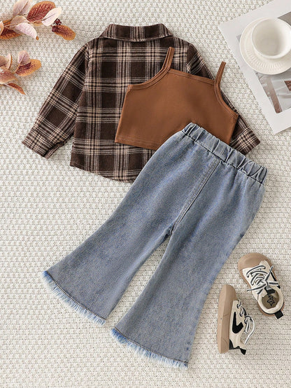 Playful Pals 3pcs/Set Baby Girls' Fashion Casual Outfit- Plaid Long Sleeve Shirt, Cropped Camisole, Bell-Bottom Jeans Fall Winter