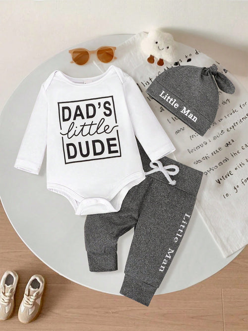 Playful Pals 3pcs/Set Genkimix Newborn Baby English Letter Long Sleeve Bodysuit + Bowknot Belt Pants + Adorable Hat Casual Outfit Fall Winter