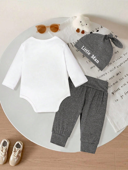 Playful Pals 3pcs/Set Genkimix Newborn Baby English Letter Long Sleeve Bodysuit + Bowknot Belt Pants + Adorable Hat Casual Outfit Fall Winter