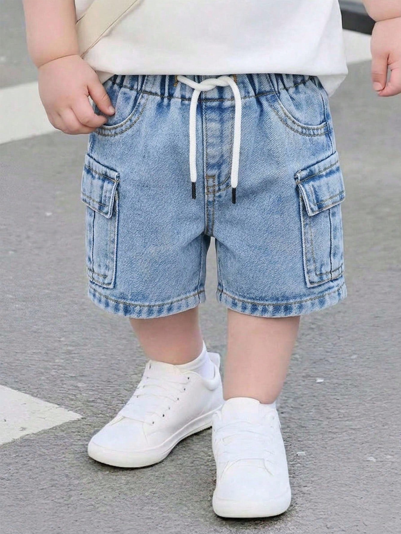 Playful Pals Baby Boy Cargo Denim Shorts Light Blue Summer Casual Korean Style Fashion Drawstring Elastic Waist Large Pockets Cotton Children's Daily Vacation
