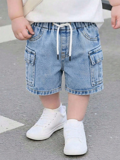 Playful Pals Baby Boy Cargo Denim Shorts Light Blue Summer Casual Korean Style Fashion Drawstring Elastic Waist Large Pockets Cotton Children's Daily Vacation