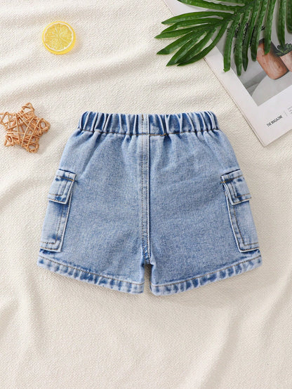 Playful Pals Baby Boy Cargo Denim Shorts Light Blue Summer Casual Korean Style Fashion Drawstring Elastic Waist Large Pockets Cotton Children's Daily Vacation