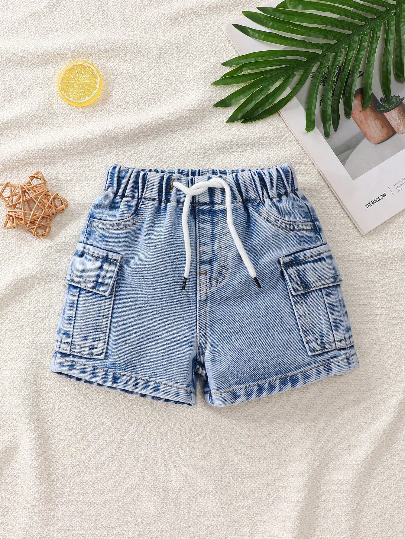 Playful Pals Baby Boy Cargo Denim Shorts Light Blue Summer Casual Korean Style Fashion Drawstring Elastic Waist Large Pockets Cotton Children's Daily Vacation