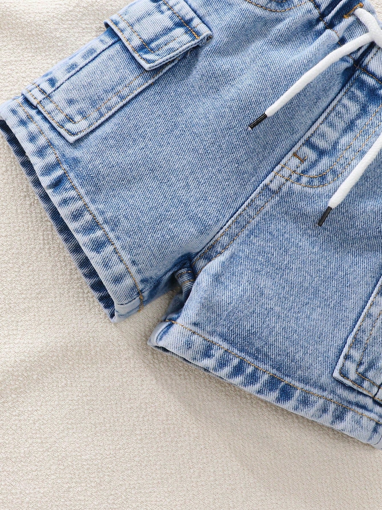 Playful Pals Baby Boy Cargo Denim Shorts Light Blue Summer Casual Korean Style Fashion Drawstring Elastic Waist Large Pockets Cotton Children's Daily Vacation