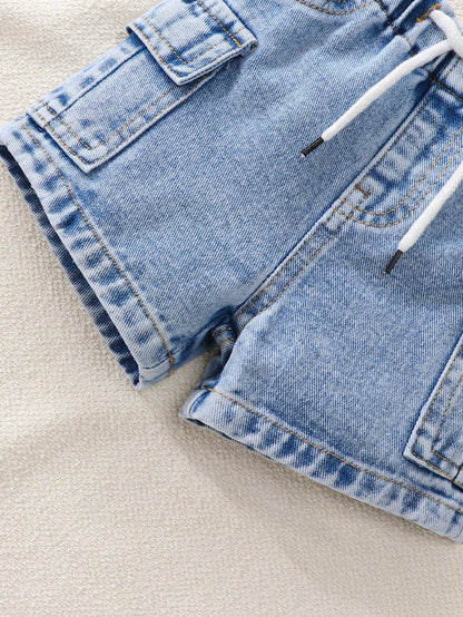 Playful Pals Baby Boy Cargo Denim Shorts Light Blue Summer Casual Korean Style Fashion Drawstring Elastic Waist Large Pockets Cotton Children's Daily Vacation