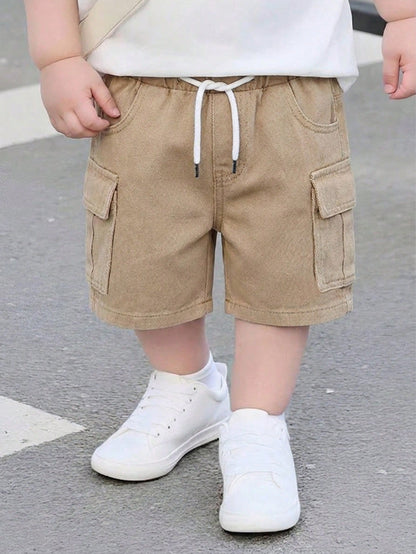 Playful Pals Baby Boy Cargo Denim Shorts Light Blue Summer Casual Korean Style Fashion Drawstring Elastic Waist Large Pockets Cotton Children's Daily Vacation