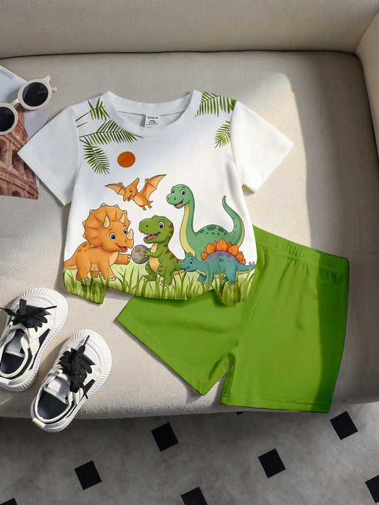 Playful Pals Baby Boys' Cute Animal & Dinosaur Print Round Neck T-Shirt And Matching Shorts Set,White Summer Casual Beach Vacation Minimalist Outdoor School Wear