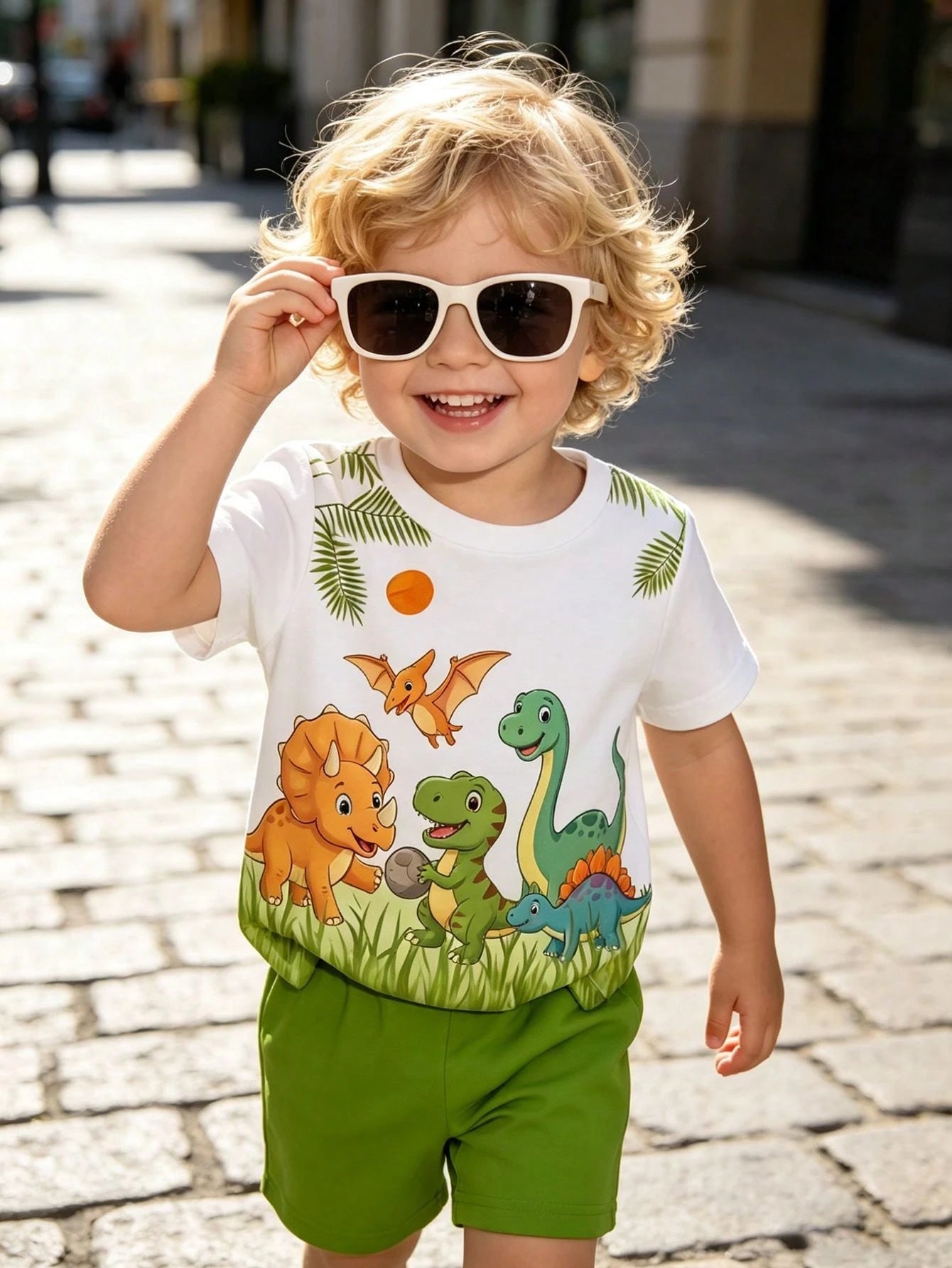 Playful Pals Baby Boys' Cute Animal & Dinosaur Print Round Neck T-Shirt And Matching Shorts Set,White Summer Casual Beach Vacation Minimalist Outdoor School Wear